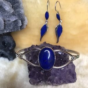 Sterling 925 Lapis Lazuli Jewelry Set – Cuff Bracelet + Dangle Earrings